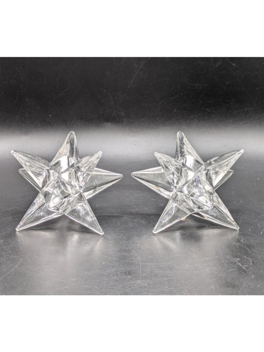 Vintage Biedermann MCM 9 Point Clear Glass Star Taper Candle Holders Set of 2